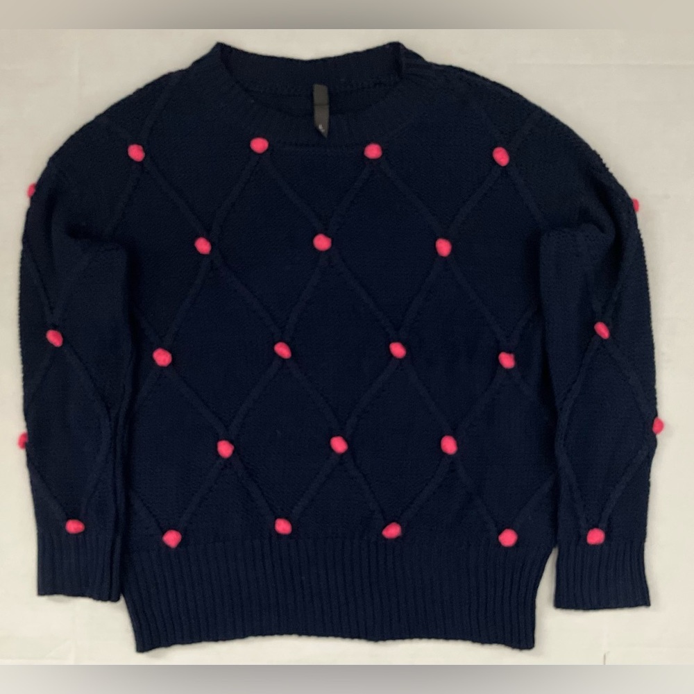 Francesca's Alya Navy Cable Knit Sweater Pink Pom Poms Twee-Size Large